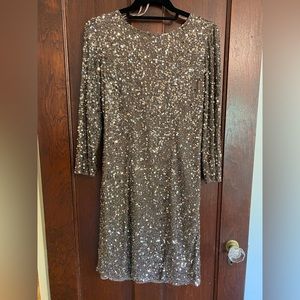Sequined party dress with draped back, size 8